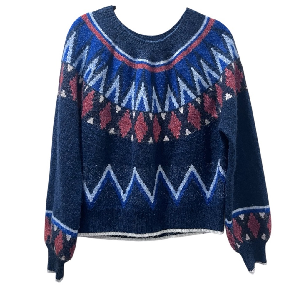 Sundry Fair Isle Wool Blend Navy Blue Round Neck Sweater Medium